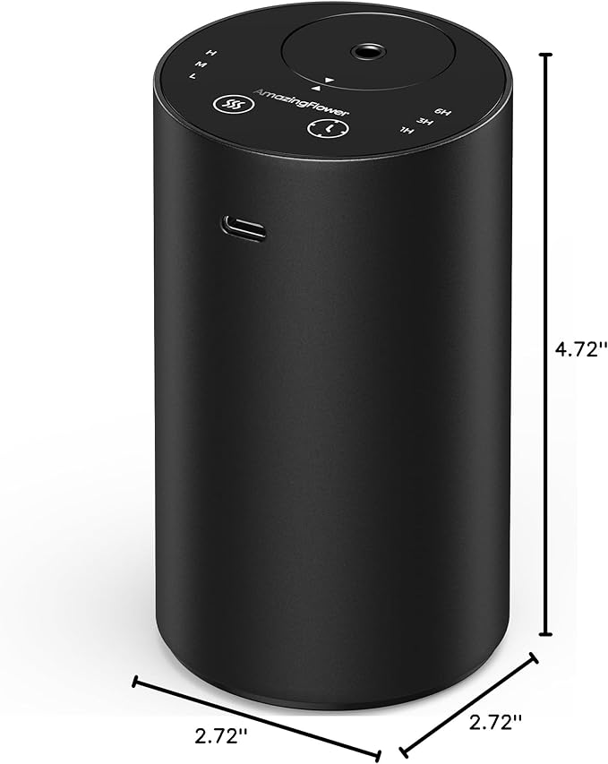 Waterless Essential Oil Diffuser, Rechargeable Scent Diffusers with 3 Mist Levels & Timers, Portable Aromatherapy Diffuser for Home Car Room Studio Office, Black Metal
