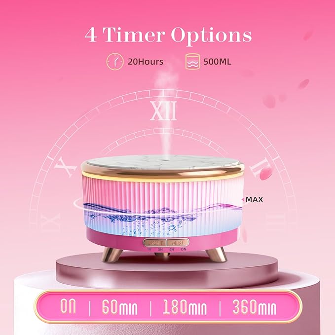 500ML Large Capacity Essential Oil Diffuser, Ultrasonic Aromatherapy Diffuser with 7 Color LED Lights with Remote Control, Cool Mist Humidifier, Timed Mist, Auto Shut-Off (Pink)