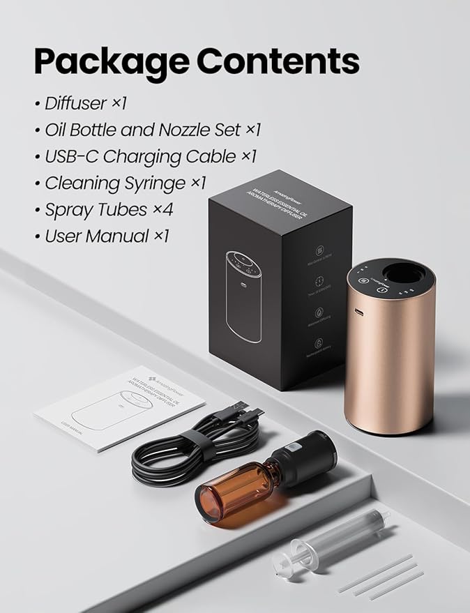 Waterless Essential Oil Diffuser, Rechargeable Scent Diffusers with 3 Mist Levels & Timers, Portable Aromatherapy Diffuser for Home Car Room Studio Office, Desert Titanium