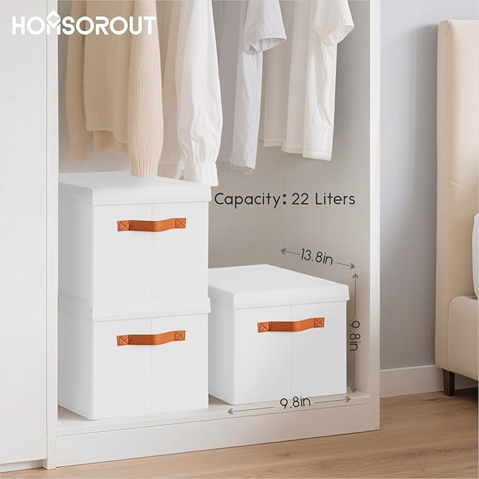 Storage Bins with Lids - Fabric Storage Baskets for Shelves, 4 Pack Foldable Decorative Boxes with Handles, Stackable Organizer Bins for Home, Nursery, Dorm, White