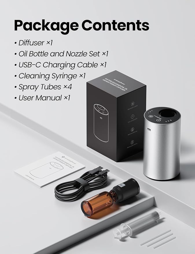 Waterless Essential Oil Diffuser, Rechargeable Scent Diffusers with 3 Mist Levels & Timers, Portable Aromatherapy Diffuser for Home Car Room Studio Office, Silver Metal