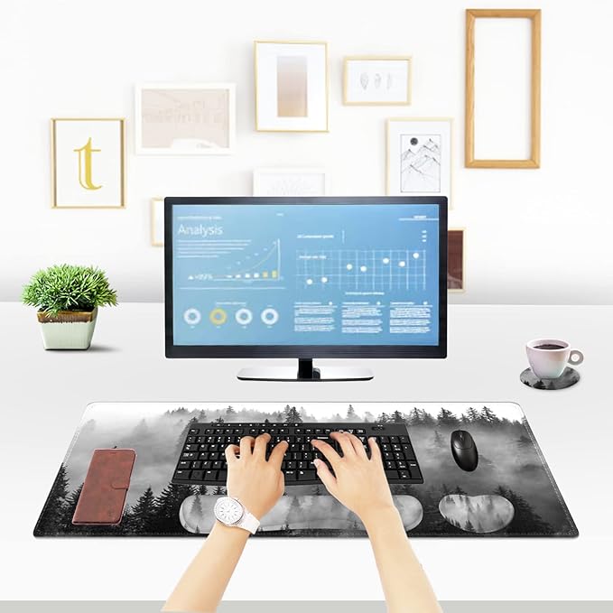 ToLuLu Extended Gaming Mouse Pad, Memory Foam Ergonomic Keyboard Mouse Wrist Rest Support Set, Large Desk Mat with Stitched Edges, Non-Slip Base Mousepad for Home Office Game Study, Tree Forests