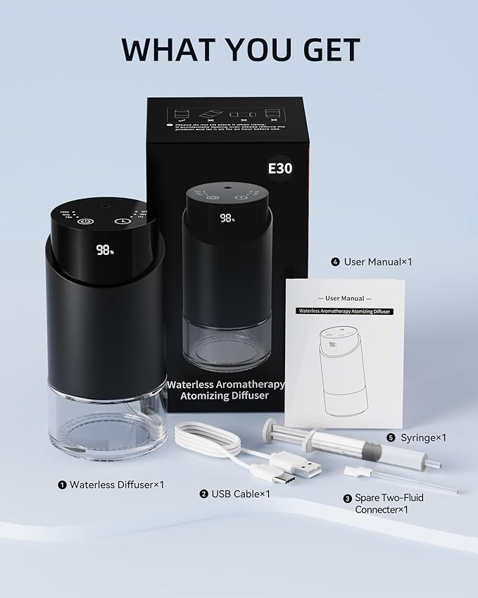 Waterless Essential Oil Diffuser Aromatherapy Scent Diffusers for Home Large Room, Car, Office, Desk, Mini Battery Operated Cordless Air Freshener, 4 Timers & 3 Mist Levels, 100ml Capacity (Black)