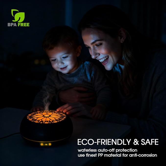 550ml Large Capacity Essential Oil Diffuser with 6 Aromatherapy Oils Set,Ultrasonic Air Humidifier with Timer and 7 Color LED Night Light Waterless Auto-Off Dark Wood Grain