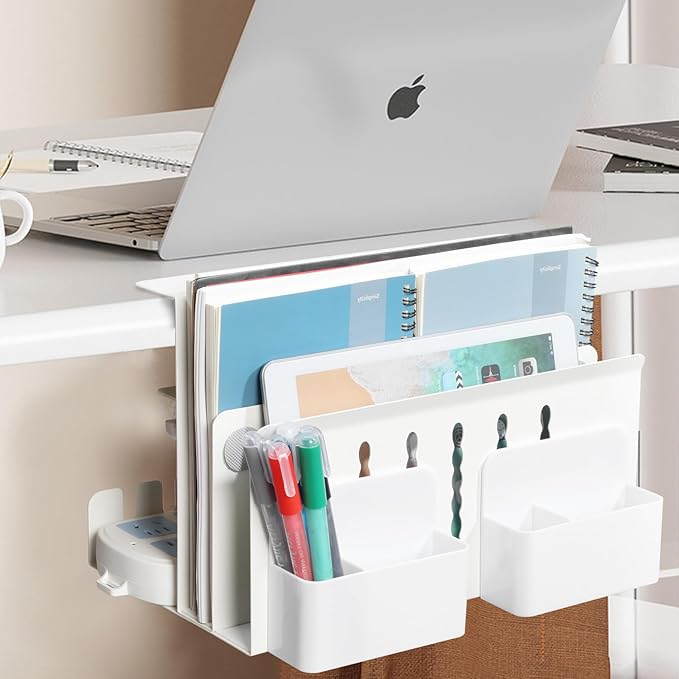 MAXECHO Desk Side Storage, Under Desk Laptop Mount, Table Side Hanging File Organizer, No Drill Clamp On Cable Management Tray, Laptop Holder with Magnetic Pen Holder for Office and Home, Load 22 Lbs