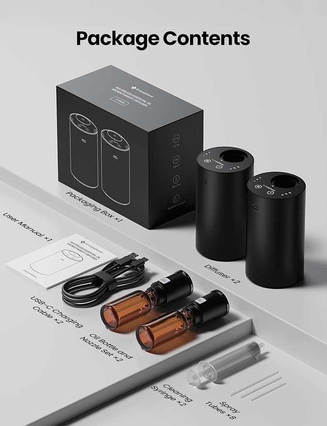 Waterless Essential Oil Diffuser, Rechargeable Scent Diffusers with 3 Mist Levels & Timers, Portable Aromatherapy Diffuser for Home Car Room Studio Office, Black Metal 2 Pack