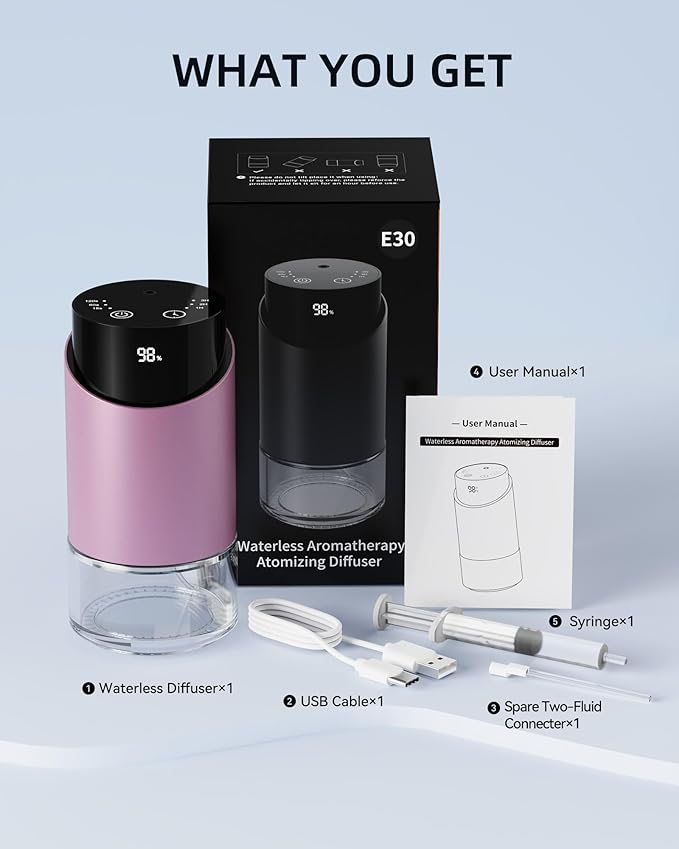 Waterless Essential Oil Diffuser Aromatherapy Scent Diffusers for Home Large Room, Car, Office, Desk, Mini Battery Operated Cordless Air Freshener, 4 Timers & 3 Mist Levels, 100ml Capacity (Pink)