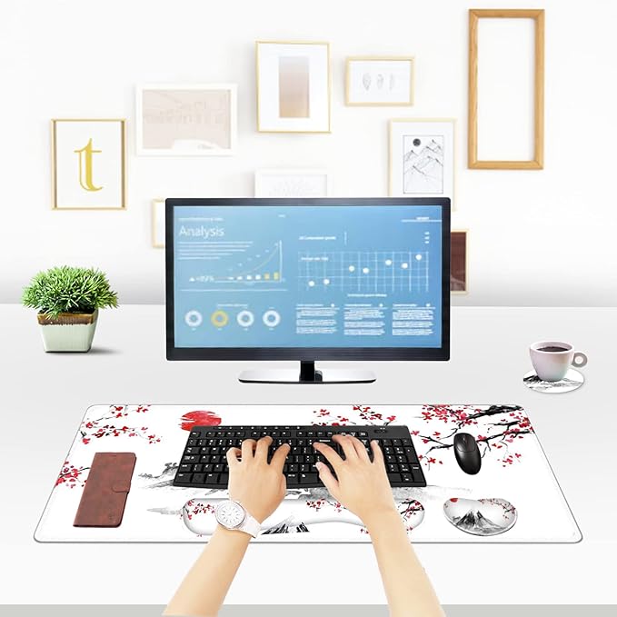 ToLuLu Extended Gaming Mouse Pad, Memory Foam Ergonomic Keyboard Mouse Wrist Rest Support Set, Large Desk Mat with Stitched Edges, Non-Slip Base Mousepad for Home Office Game, Cherry Blossom Sakura