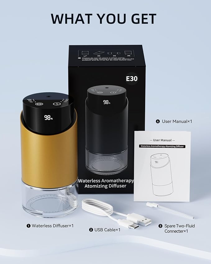 Waterless Essential Oil Diffuser Aromatherapy Scent Diffusers for Home Large Room, Car, Office, Desk, Mini Battery Operated Cordless Air Freshener, 4 Timers & 3 Mist Levels, 100ml Capacity (Golden)