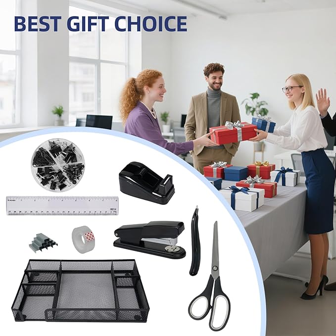 Office Desk Accessories, Desk Organizers and Accessories, Stapler and Tape Dispenser Set Metal Storage Box,Stapler,Staple Remover,Paper Clips,Ruler,Scissors.Suitable for Office and Study Use,Black