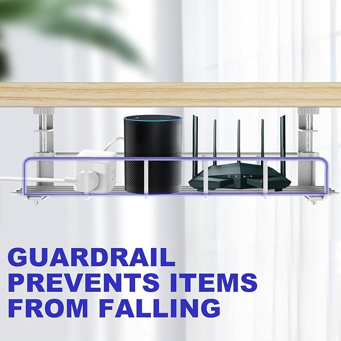 Under Desk Cable Management Tray, 31.5'' No Drill Steel Cable Tray Organizers, Wire Management Tray Cable Rack with Clamp Mount, Metal Under Desk Tray with Wire and Cord Organizer (White, 2 Pack)