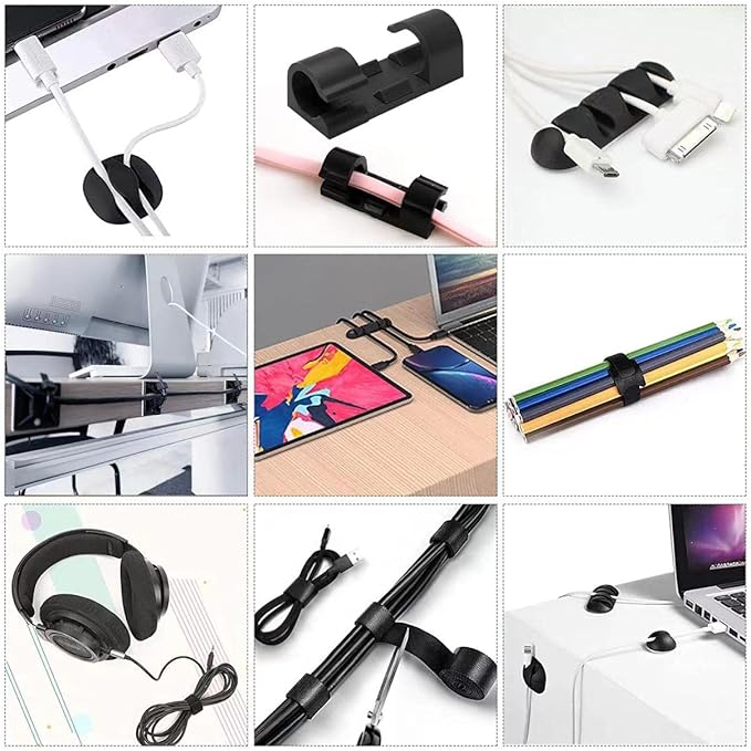 Cable Management Organizer Kit 2 Cable Sleeve Split with 41Self Adhesive Cable Clips Holder, 10pcs and 2 Roll Self Adhesive tie and 100 Fastening Cable Ties for TV Office Home Electronics etc
