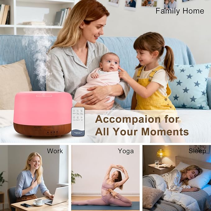 300ML Essential Oil Diffuser for Home, Aromatherapy Diffuser with Remote Control, 7-Color LED Light and 4 Timers, Quiet Auto-Off, Easy to Use for Bedroom Office