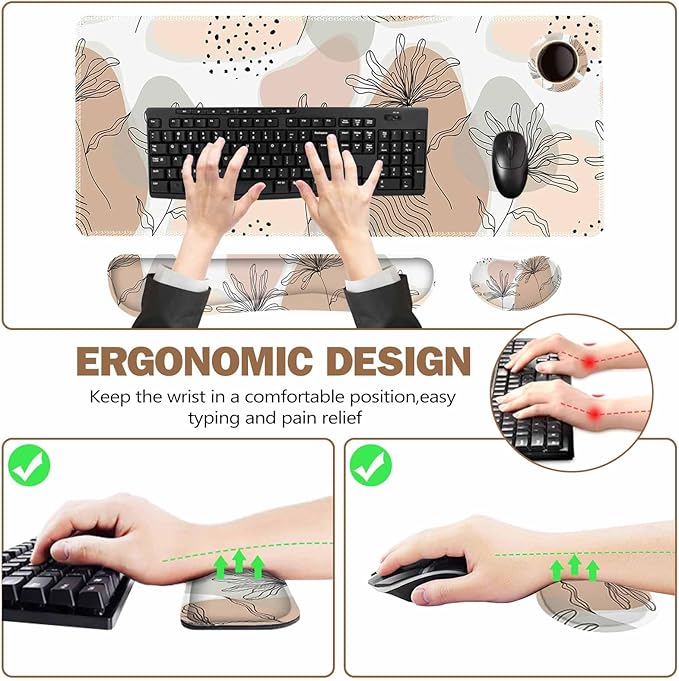 ToLuLu Extended Gaming Mouse Pad, Memory Foam Ergonomic Keyboard Mouse Wrist Rest Support Set, Large Desk Mat with Stitched Edges, Non-Slip Base Mousepad for Home Office and Game, Morandi Leaves