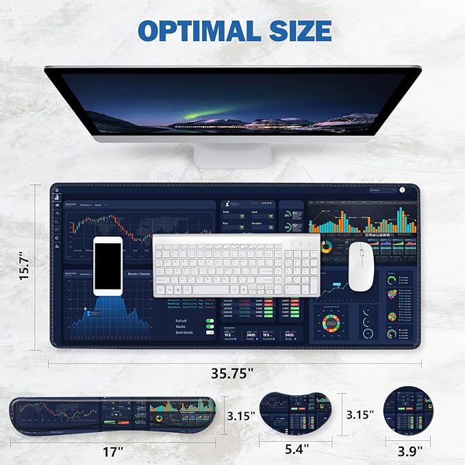ToLuLu Extended Gaming Mouse Pad, Memory Foam Ergonomic Keyboard Mouse Wrist Rest Support Set, Large Desk Mat with Stitched Edges, Non-Slip Base Mousepad for Home Office and Game, Stock Market