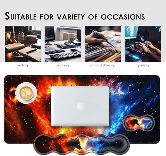 Large Keyboard Mouse Pad Set, Extended Mouse Pad+Keyboard Wrist Rest Support, Memory Foam Ergonomic Easy Typing, 4Pcs (31.5×11.8 in) Desk Pad Set for Office Home,Cool Wolves