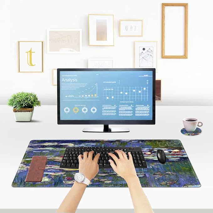 ToLuLu Extended Gaming Mouse Pad, Memory Foam Ergonomic Keyboard Mouse Wrist Rest Support Set, Large Desk Mat with Stitched Edges, Non-Slip Base Mousepad for Home Office Game, Monet Water Lilies