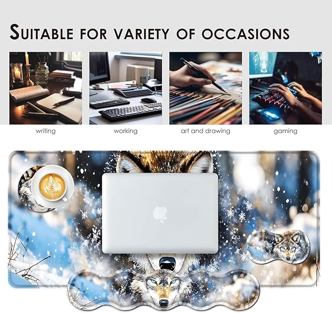Large Keyboard Mouse Pad Set, Extended Mouse Pad+Keyboard Wrist Rest Support, Memory Foam Ergonomic Easy Typing, 4Pcs (31.5×11.8 in) Desk Pad Set for Office Home,Snowy Wolf