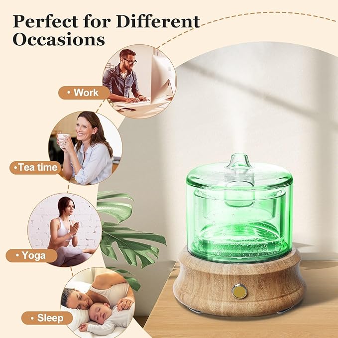 80ML Glass Essential Oil Diffuser with Glass Reservoir & Wood Base, Small Ultrasonic Aroma Diffusers with Auto-Off 7 Color for Home Office Bedroom Yoga