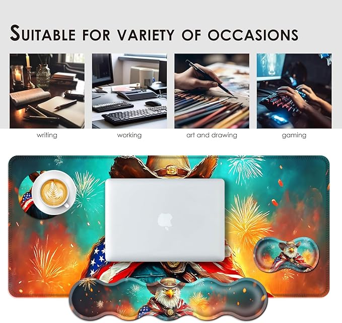 Large Keyboard Mouse Pad Set, Extended Mouse Pad+Keyboard Wrist Rest Support, Memory Foam Ergonomic Easy Typing, 4Pcs (31.5×11.8 in) Desk Pad Set for Office Home,American Flag Eagle