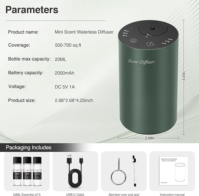 Waterless Essential Oil Diffuser Starter Kit - No Water Needed, Battery Operated Mini Scent Air Machine, Included 3x20ML Essential Oils, Portable Aromatherapy Diffuser for Home & Car & Office, Green
