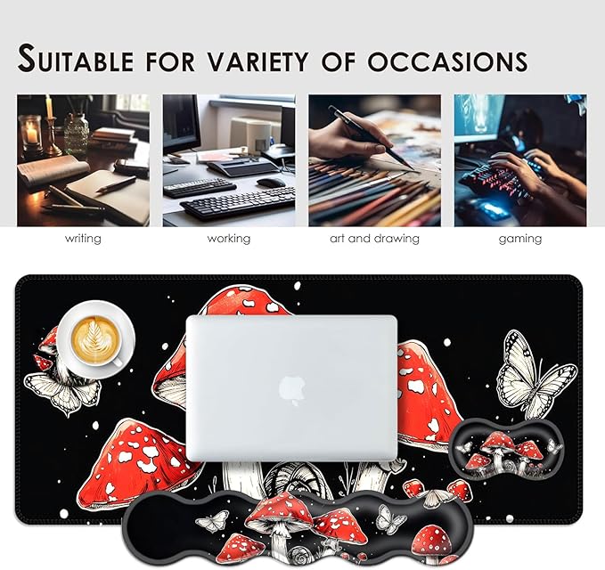 Large Keyboard Mouse Pad Set, Extended Mouse Pad+Keyboard Wrist Rest Support, Memory Foam Ergonomic Easy Typing, 4Pcs (31.5×11.8 in) Desk Pad Set for Office Home,Mushrooms and Butterflies