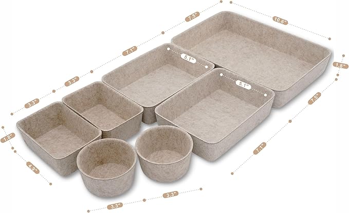 Welaxy Felt Desk Drawer Organizer Trays, 7-Piece Storage Bins for Office, Catchall, Scandinavian Minimalist Decor (Oatmeal)