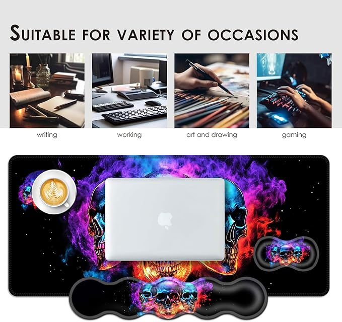 Large Keyboard Mouse Pad Set, Extended Mouse Pad+Keyboard Wrist Rest Support, Memory Foam Ergonomic Easy Typing, 4Pcs (31.5×11.8 in) Desk Pad Set for Office Home,Smoke Skulls