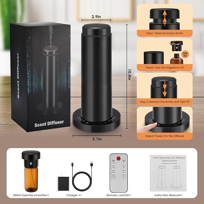 Waterless Scent Essential Oil Diffuser for Hotel,Whole House,Large Room, Office,Home,200ML Large Capacity, Covering 1500 Square feet (Black) (Black-Metal)