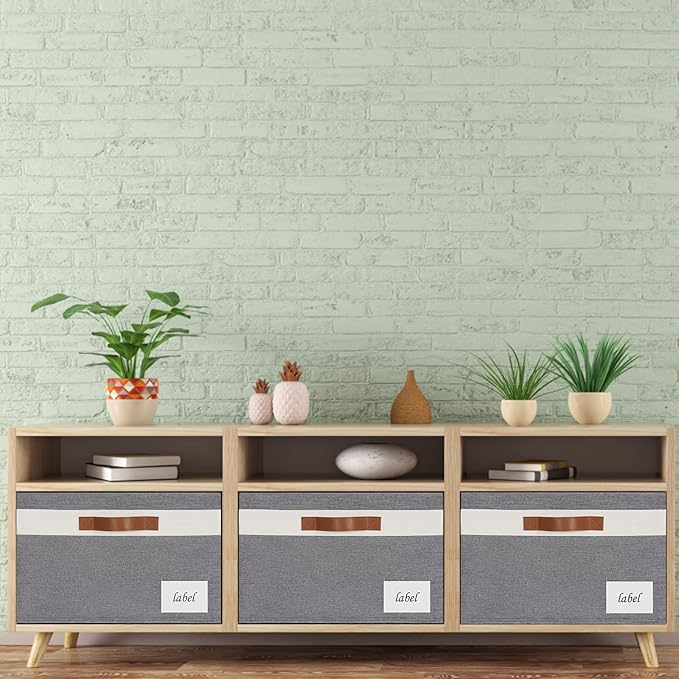 Extra Large Storage Bins with Lids, Foldable Fabric Storage Baskets with Lids, Sturdy Storage Boxes with Labels and 3 PU Handles for Closet Home Bedroom Office (32L, 3 Packs, Grey&White)