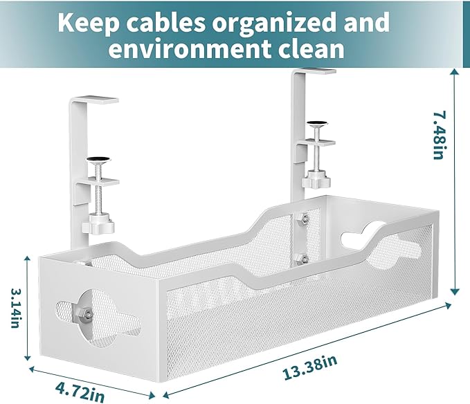 Under Desk Cable Management Tray 3 Pack, Cable Management Under Desk No Drill, Cable Organizer with Clamp for Wire Management, Cord Organizer for Office, Home - No Damage to Table (White)