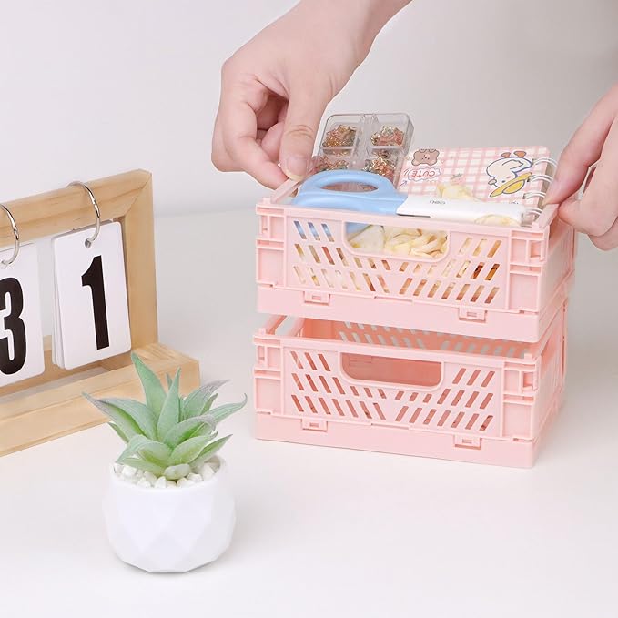 4-Pack Pink Baskets Plastic Storage Crate Small Baskets for Organizing Collapsible Storage Crates for Desk Organizers,Stackable Cute Storage Bins for Classroom,Office,Bathroom 5.9"x 3.9" x 2.3"