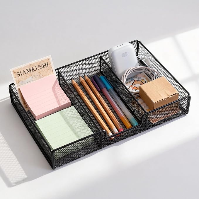 SANWICH Desk Drawer Organizer Tray with Compartments, 3 Grid Metal Mesh Drawer, Multi-use Desk Organizer Storage Box Set for Office,Home,School Supplies, 12.59X9.25X2.36 in (1pcs)