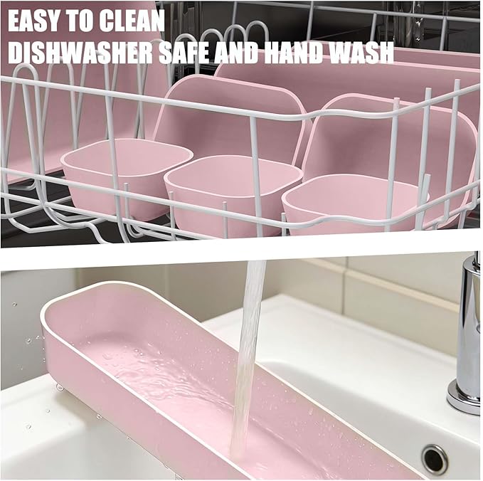 SILIVO 8 PCS Unbreakable Silicone Drawer Organizer Trays, Aesthetic Noise-Free & Non-Slip Pink Vanity Makeup Organizers, 4-Sizes Flexible Soft Drawer Dividers for Bathroom