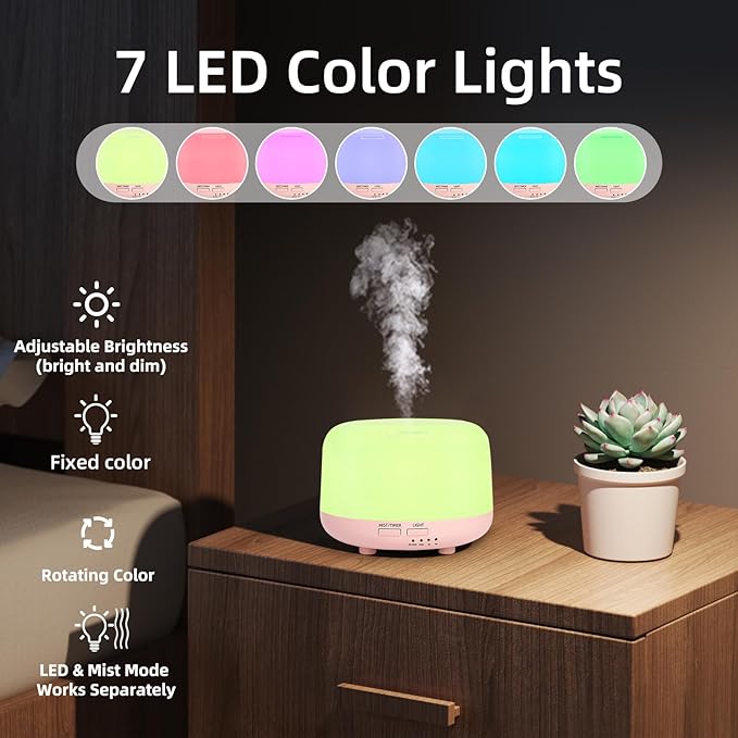 300ML Essential Oil Diffuser, Cool Mist Small Diffuser with Remote Control, 7 Color Changing LED Light, 4 Timer Settings,Waterless Safety Shut Off, for Bedroom, Room, Office(Pink)