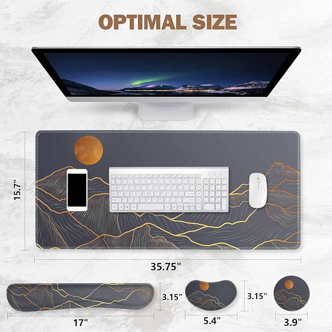 ToLuLu Extended Gaming Mouse Pad, Memory Foam Ergonomic Keyboard Mouse Wrist Rest Support Set, Large Desk Mat with Stitched Edges, Non-Slip Base Mousepad for Home Office and Game, Golden Mountain