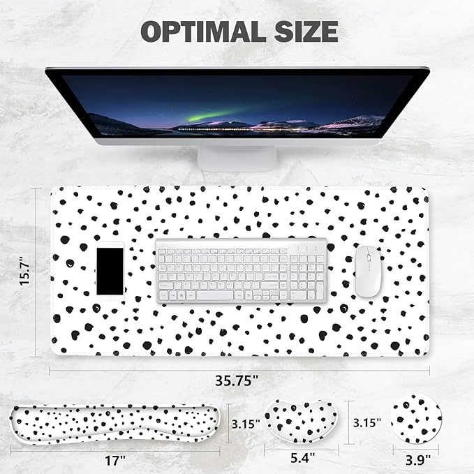 ToLuLu Extended Gaming Mouse Pad, Memory Foam Ergonomic Keyboard Mouse Wrist Rest Support Set, Large Desk Mat with Stitched Edges, Non-Slip Base Mousepad for Home Office Game and Study, Polka Dots