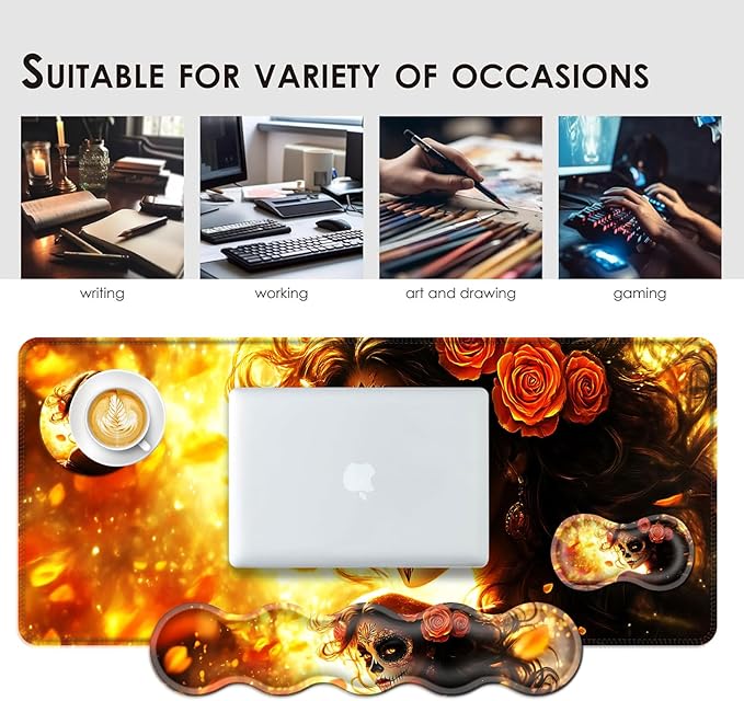Large Keyboard Mouse Pad Set, Extended Mouse Pad+Keyboard Wrist Rest Support, Memory Foam Ergonomic Easy Typing, 4Pcs (31.5×11.8 in) Desk Pad Set for Office Home,Skull Woman with Rose
