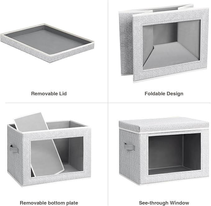 Fabric Storage Bins with Lids, Large Storage Cubes with Window, Fabric Storage Baskets Bins for shelves, Closet Storage Boxes for Clothes, Towel, Office, 4 Packs, Blended