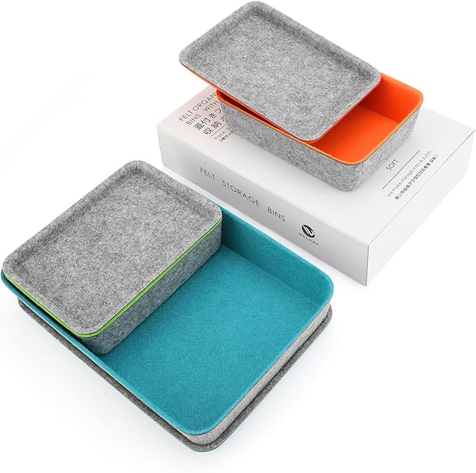 Welaxy stackable Lidded drawer organizer bins home office work desktop storage box with lid for junk makeup stationery decluttering sorting 3-pack gift idea (Orange + Green + Turquoise)