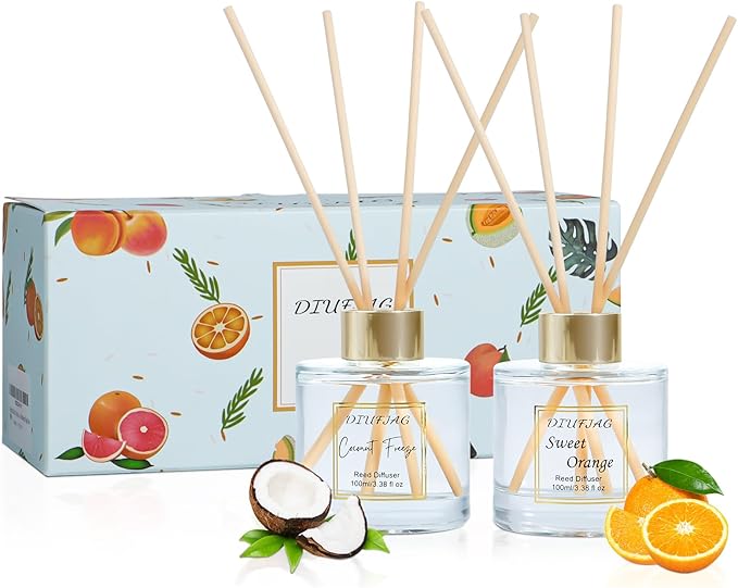 200ml Scent Diffuser with 6 Fiber Sticks, 6.76 oz Reed Diffuser Set Aromatherapy Fragrance Diffusers Air Fresheners for Home Bedroom Bathroom (Coconut Orange)