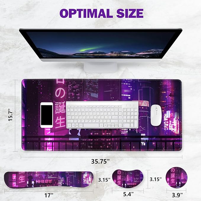 ToLuLu Extended Gaming Mouse Pad, Memory Foam Ergonomic Keyboard Mouse Wrist Rest Support Set, Large Desk Mat with Stitched Edges, Non-Slip Base Mousepad for Home Office, Neno City Anime Japanese