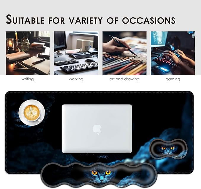 Large Keyboard Mouse Pad Set, Extended Mouse Pad+Keyboard Wrist Rest Support, Memory Foam Ergonomic Easy Typing, 4Pcs (31.5×11.8 in) Desk Pad Set for Office Home,Black Cat with Glowing Eyes