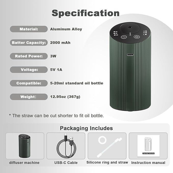Waterless Essential Oil Diffuser with 4 Timer (1/3/6H & Off) & 3 Mist(L/M/H), Air Scent Diffuser for Home Car Office, Rechargeable Aromatherapy Diffuser, Portable Mini Aroma Diffuser, Dark Green