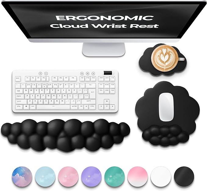 Premium Quality Cloud Wrist Rest Keyboard & Mouse Pad Set – Ergonomic Memory Foam Desk Accessories with Wrist Support for Office & Gaming – Black Lether