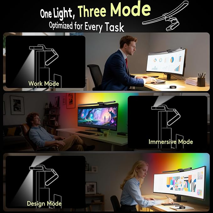 Quntis Curved Monitor Light Bar 15 RGB Backlight for 34"+ Screens, Computer Bar Lights Fold Dual Light with Color Temperature Brightness Stepless Dimming, No Glare Desk Lamp for Home Office Gaming
