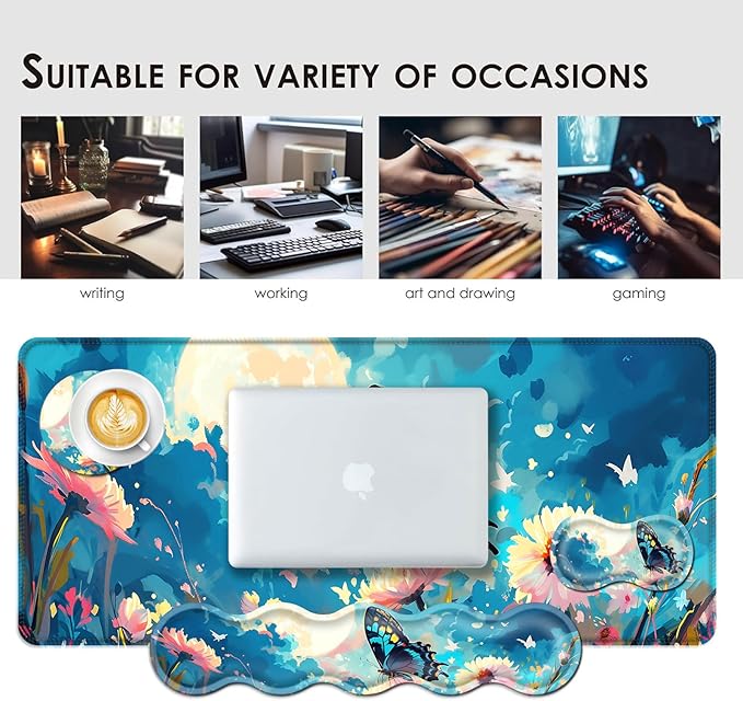 Large Keyboard Mouse Pad Set, Extended Mouse Pad+Keyboard Wrist Rest Support, Memory Foam Ergonomic Easy Typing, 4Pcs (31.5×11.8 in) Desk Pad Set for Office Home,Flowers and Butterflies
