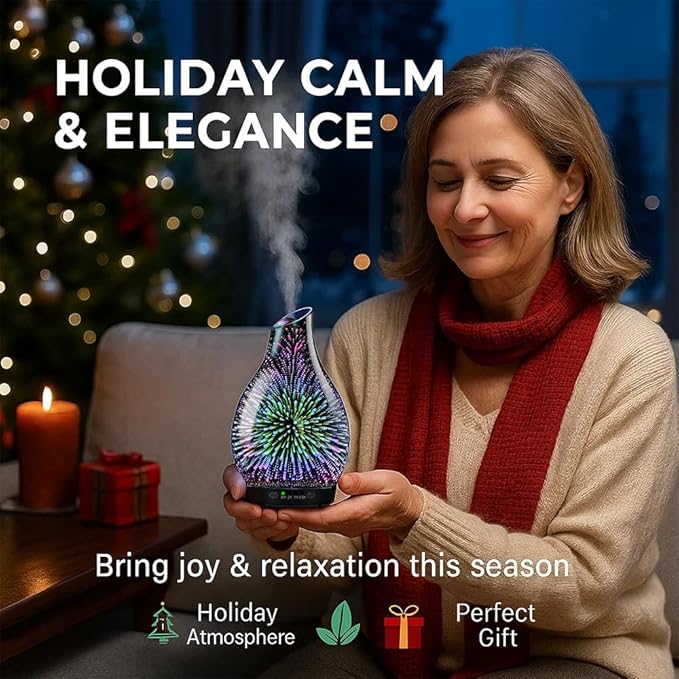 120ML Essential Oil Diffuser, 3D Glass Aromatherapy Diffuser with Auto Shut-Off and 7 Color LED Lights, Ultrasonic Mist Humidifier with 4 Timer for Home Office Bedroom (3D Fireworks)