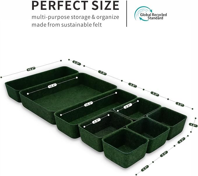 Welaxy Desk drawer organizer bins shallow trays felt storage desktop box for jewelry watches office supplies makeup small key holder minimalism 8-piece (Forest Green)