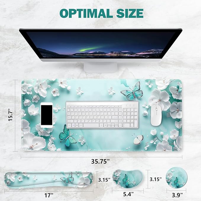 ToLuLu Large Mouse Pad Desk Pad Set, Wrist Rest Support Desk Mat for Keyboard and Mouse, 4PCS 35.4”x15.7 XXL Giant Mouse Pad, Non-Slip Base Stitched Edges Mousepad for Home Office, Teal Butterfly